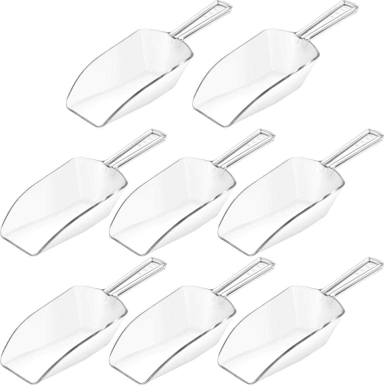 This 8-pack of clear plastic candy scoops are a must-have for any home. With each scoop able to hold up to 1/3 cup, these sturdy scoops are incredibly versatile and can be used for baking ingredients, crafting, and more. The durable plastic construction and smooth surface ensure that these scoops can be relied on time and time again.