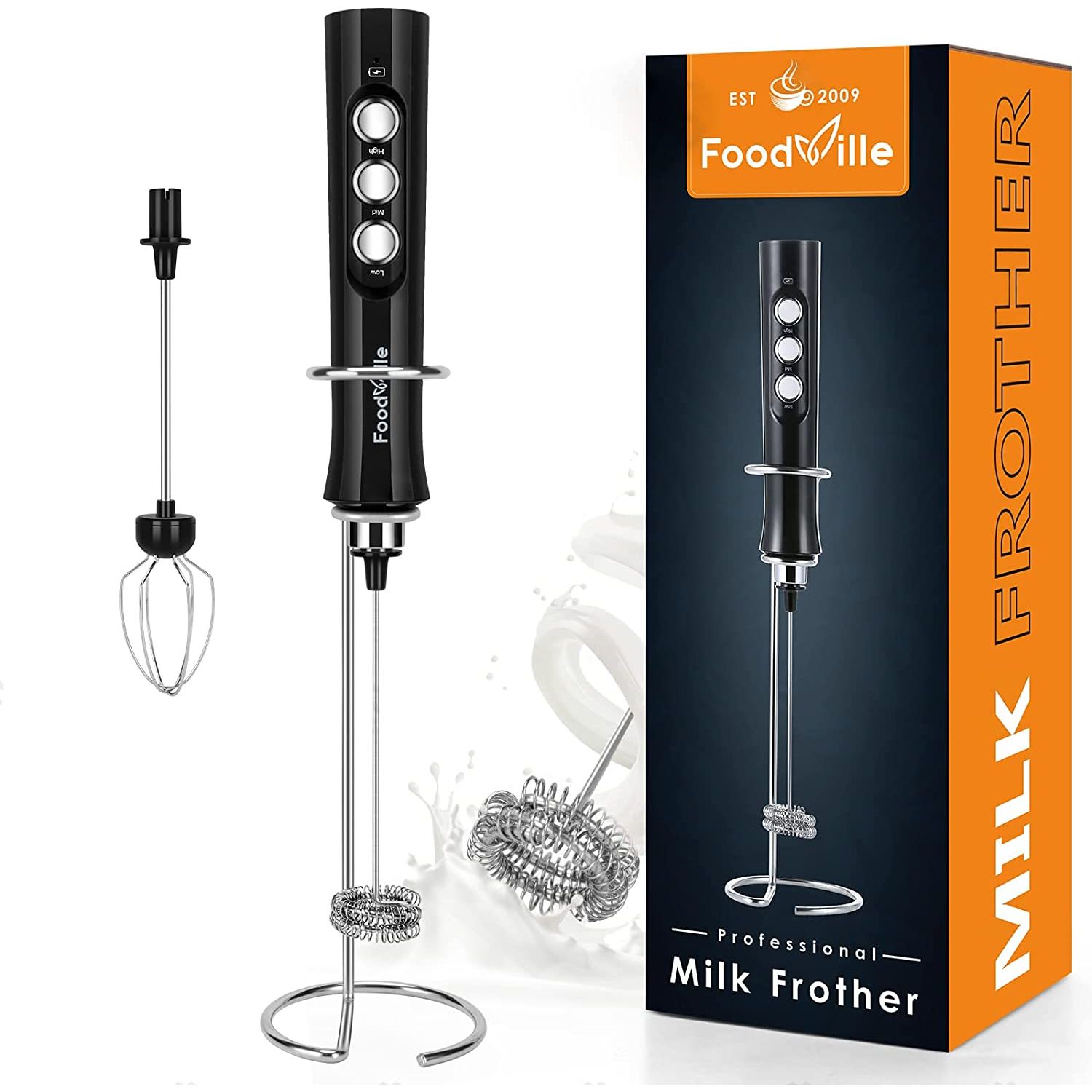 Introducing the FoodVille MF02 2-in-1 Electric Milk Frother, a must-have kitchen appliance that combines the functions of a frother and balloon whisk.