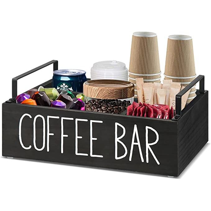 Enhance the organization and aesthetics of your coffee station with this stylish wooden coffee bar accessories organizer for countertop. Crafted from natural wood with a sleek black finish, it effortlessly combines classic and modern elements to elevate the look of any home.