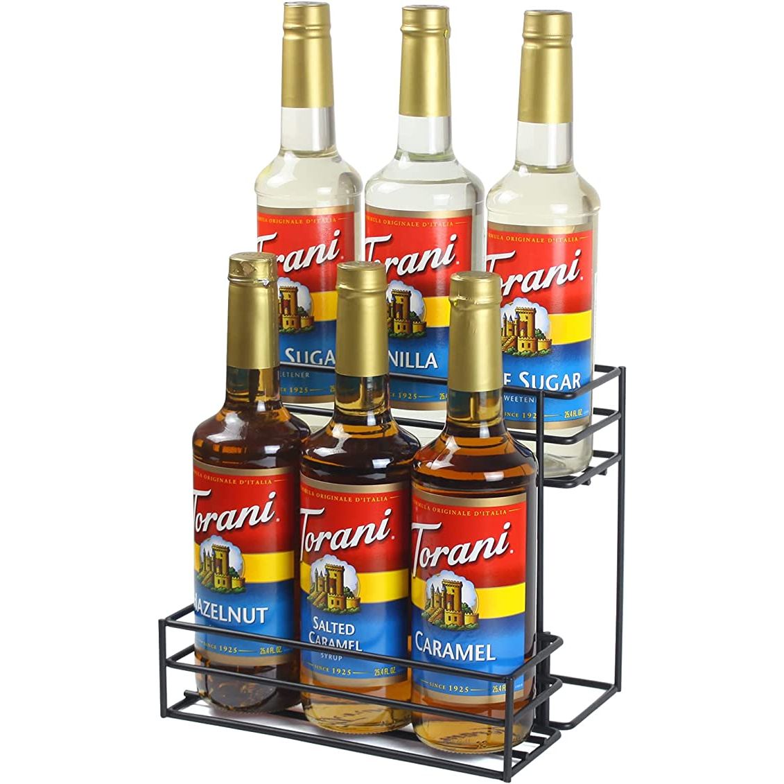 The DEVIER Coffee Syrup Organizer is a functional storage solution designed to keep your coffee bar or kitchen organized. This sleek rack features a six bottle capacity and is perfect for holding coffee syrup, wine, dressing, and other condiments.