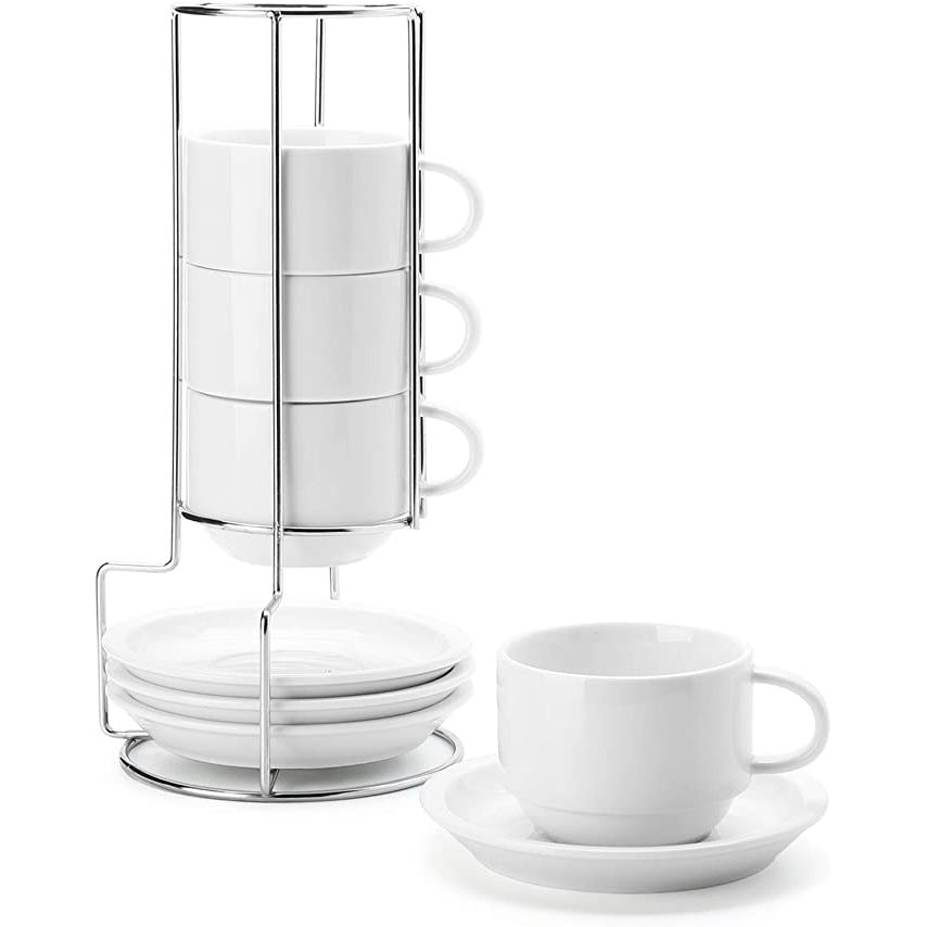 In conclusion, the Sweese 406.401 Porcelain Stackable Cappuccino Cups with Saucers and Metal Stand are an excellent choice for coffee lovers seeking functional, stylish, and space-saving options. With their durability, ease of handling, and complete accessories, these cups provide a delightful coffee-drinking experience.