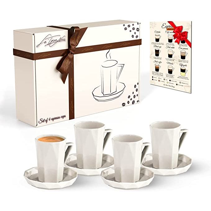 If you're passionate about coffee or know someone who is, the Porcelain Espresso Cups Set of 4 with Saucers is an essential addition to any kitchen. Featuring a sleek and modern ivory white color, this set comes with a stunning espresso drink poster, making it an ideal gift for any coffee lover.
With a capacity of 3.