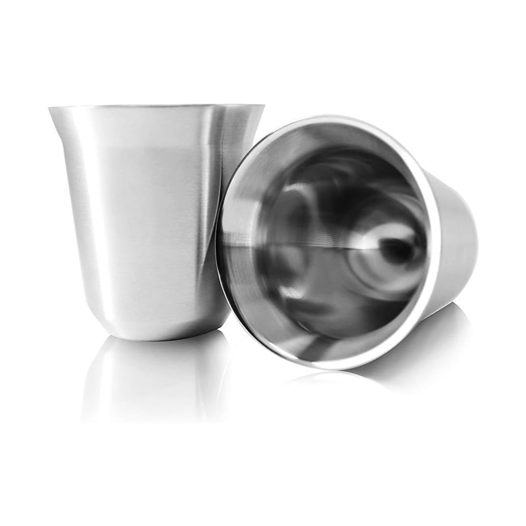 Elevate your coffee experience with the 170mL (5.5 ounce) Stainless Steel Espresso Cups Double Walled Vacuum Insulated - Set Of 2 Demitasse Cups By Tombert.