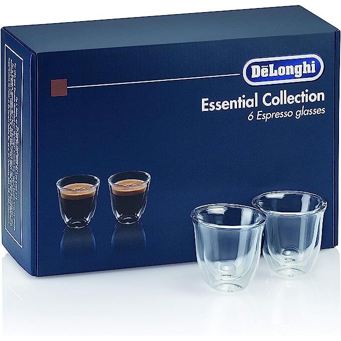 Elevate your espresso-drinking experience with the DeLonghi America 5513296651 Essential Collection Double Walled Thermo Espresso Glasses. Crafted with premium borosilicate glass, these sleek and modern glasses feature a double-walled construction that keeps your drink hot while ensuring your hands stay cool.