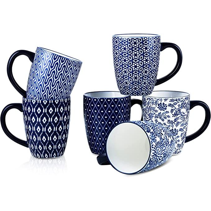 Upgrade your morning coffee experience with the Selamica 16 oz Porcelain Coffee Mugs Set. This pack of six vintage-style blue ceramic tea cups with handles will add a touch of elegance to your daily routine. Boasting a generous 16-ounce capacity, these mugs are the perfect size for your favorite hot beverages.