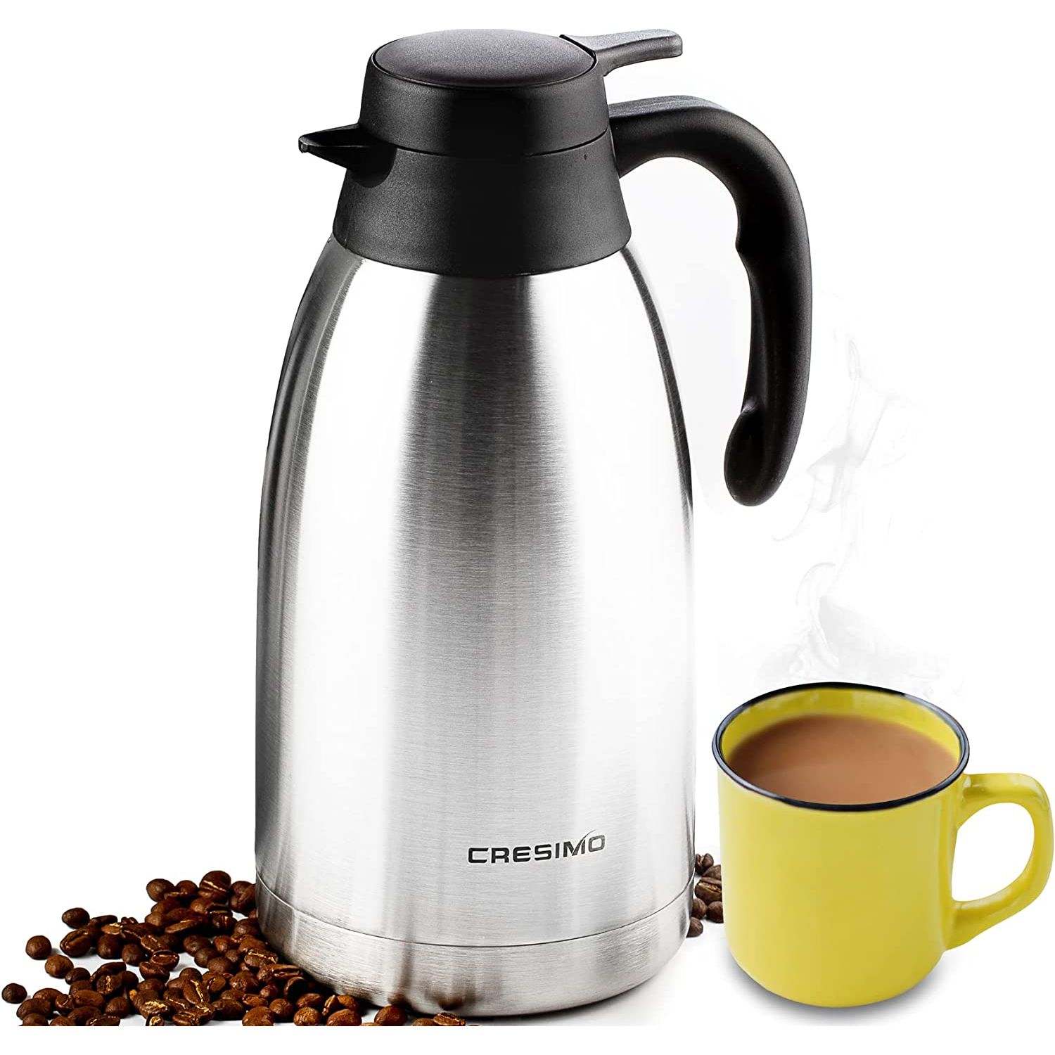 The 2L / 68 Oz Stainless Steel Insulated Carafe/Pitcher by Cresimo is a versatile hot or cold drink dispenser suitable for serving coffee, tea, or hot water. The double-walled vacuum flask design ensures the temperature of your drinks is retained, with up to 12 hours of heat retention and 24 hours of cold retention.