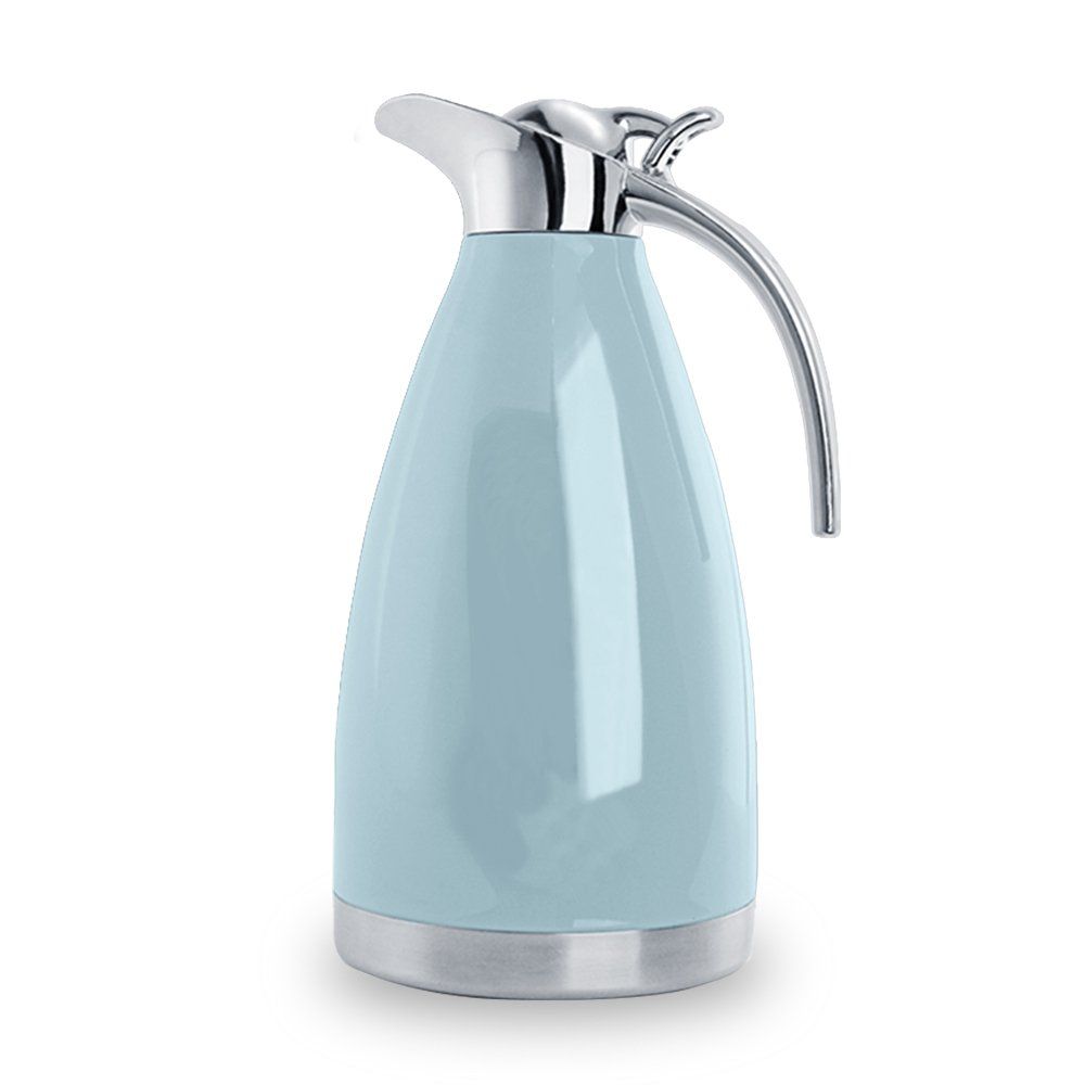 The Sumerflos 68 Oz Stainless Steel Coffee Thermal Carafe is a high-quality, double-walled vacuum thermos that is designed to keep your coffee or other hot beverages hot for up to 12 hours. This carafe has a capacity of 2 liters, or 68 ounces, and comes in a beautiful blue color.