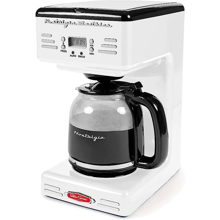 The Nostalgia Retro 12-Cup Programmable Coffee Maker offers a delightful coffee-making experience with its vintage design and modern features. Its stunning white color and LED display add a touch of classic retro charm to any kitchen decor. 
With its advanced programming options, this coffee maker ensures convenience at every step.