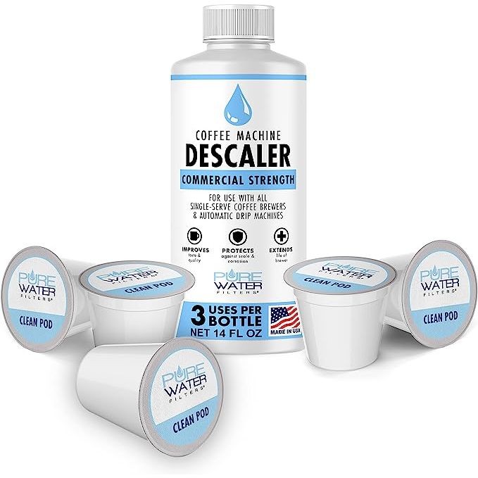 The PureWater Filters Cleaning and Descaler Kit is the ultimate solution for keeping your Keurig K-Cup Single Serve Brewers clean and running smoothly. With a 3-use descaler bottle and 5 compatible clean pods, this kit ensures your coffee tastes fresh and flavorful every time.