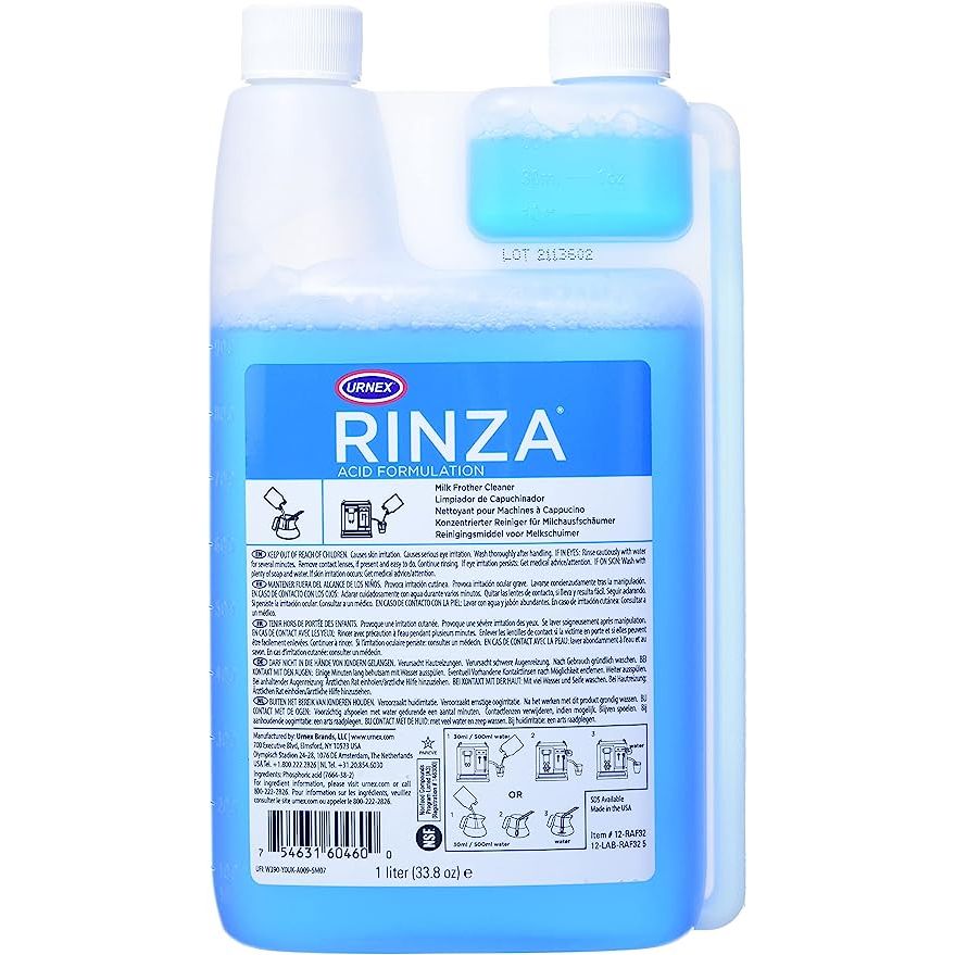 Urnex Rinza Acid Formula Milk Frother Cleaner is the top choice for coffee shops and cafes seeking to maintain the cleanliness and efficiency of their milk frothing systems. This cleaner comes in a generous 33.8-ounce bottle, making it ideal for establishments that require frequent equipment cleaning.