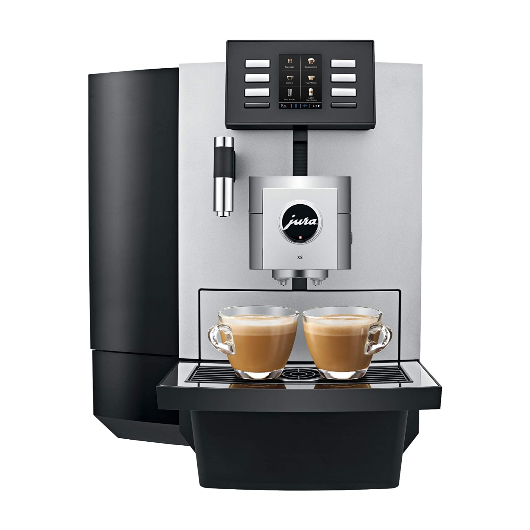 The Jura X8 Platinum Automatic Espresso & Cappuccino Machine with Touch Screen is the ideal coffee maker for those who value both convenience and quality. Its sleek design fits seamlessly into any home or office setting, while its user-friendly touch screen display allows for easy customization of your drink preferences.