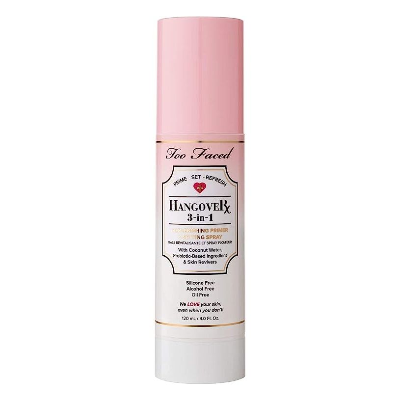 Too Faced Hangover Rx 3 in 1 Replenishing Primer & Setting Spray 4 OZ is a beauty product that serves multiple functions. It is designed to be a primer, setting spray, and hydration booster in one. This product is four ounces and offers a flexible spray nozzle.
As a primer, the Hangover Rx helps to create a smooth canvas for makeup application.