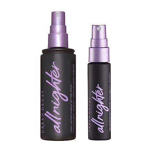 Urban Decay All Nighter Waterproof Makeup Setting Spray Set is a product that is designed to help you maintain your makeup for up to 16 hours. The product comes in two bottles, with the larger one containing 4.0 fluid ounces and the smaller one containing 1.0 fluid ounces.