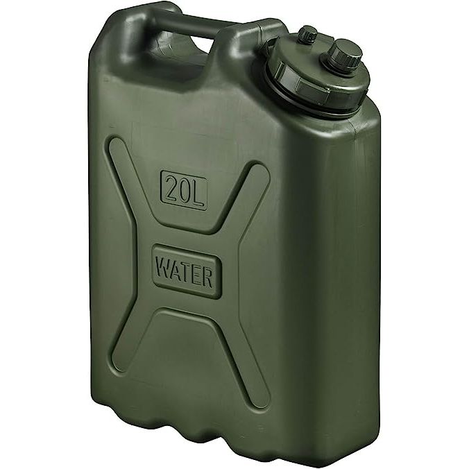 The Scepter BPA Durable 5 Gallon 20 Liter Portable Military Water Storage Container is a popular choice for camping, outdoors and emergency management. It comes in a pack of two and is colored green. This container is made of high-density polyethylene, a material that is both strong and durable.