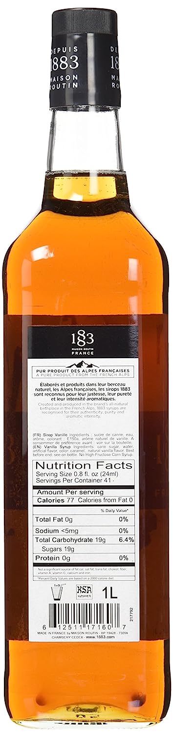 1883 Maison Routin, a renowned French brand, brings you their best-selling vanilla syrup crafted with meticulous precision. Carefully selected vanilla pods are used to create this syrup, ensuring the taste and aroma of the vanilla are perfectly preserved.

This exquisite vanilla syrup is housed in a sleek and durable 1-liter (33.8 ounces) glass bottle, making it a delightful addition to any coffee shop, bar, or kitchen. The elegant packaging guarantees safe and effortless storage, maintaining its quality for longer.