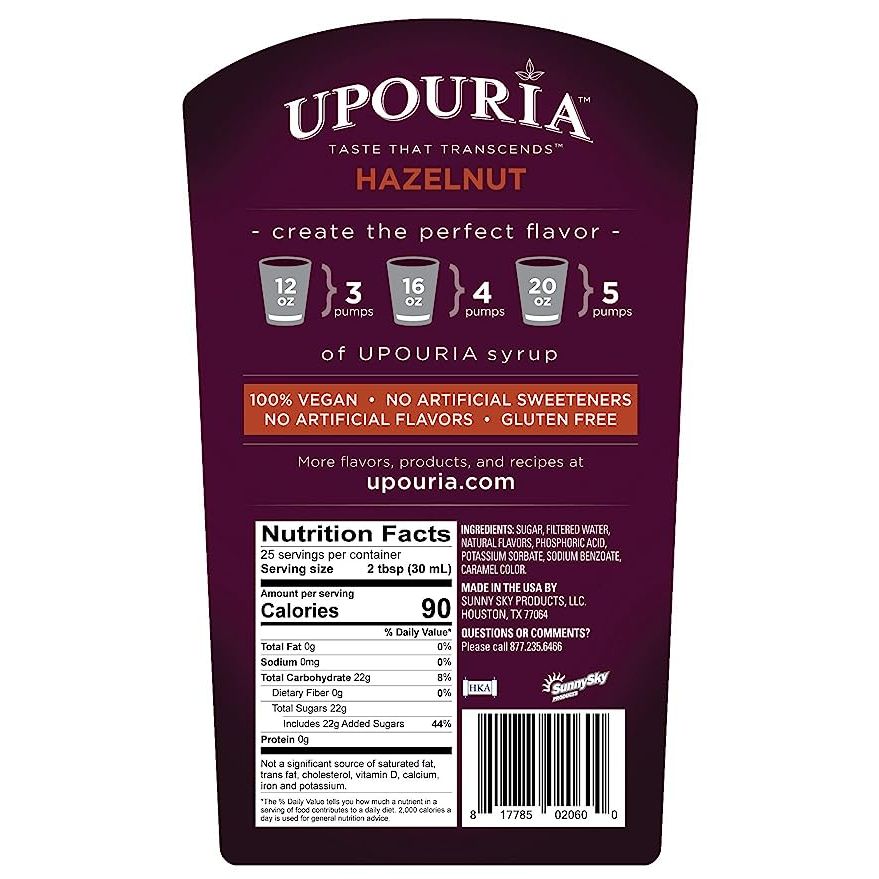 Looking for a delectable vegan-friendly syrup to elevate your coffee or hot beverages? Look no further than Upouria Hazelnut Flavored Syrup. Crafted with 100% vegan and gluten-free ingredients, this syrup packs a flavorful punch in a convenient 750 mL bottle complete with a coffee syrup pump.