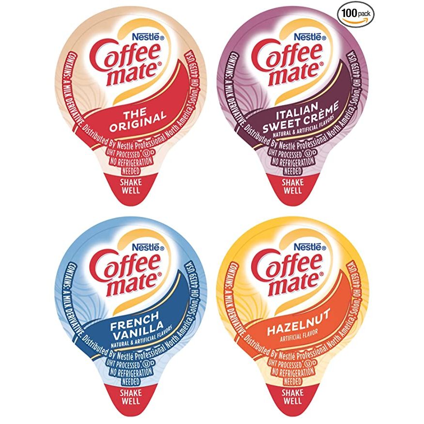 Coffee mate Liquid .375oz Variety Pack (4 Flavor) 100 Count is a convenient and versatile way to enjoy your coffee. This pack includes four delicious flavors of liquid creamer: Original, French Vanilla, Hazelnut, and Italian Sweet Crème. Plus, it comes with By The Cup sugar packets to give you the perfect coffee experience.