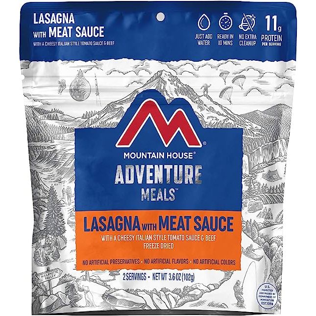 Mountain House Lasagna with Meat Sauce is a popular freeze-dried backpacking and camping food that is also commonly used as part of a survival or emergency food supply.
This product is known for its ease of use and long shelf life.