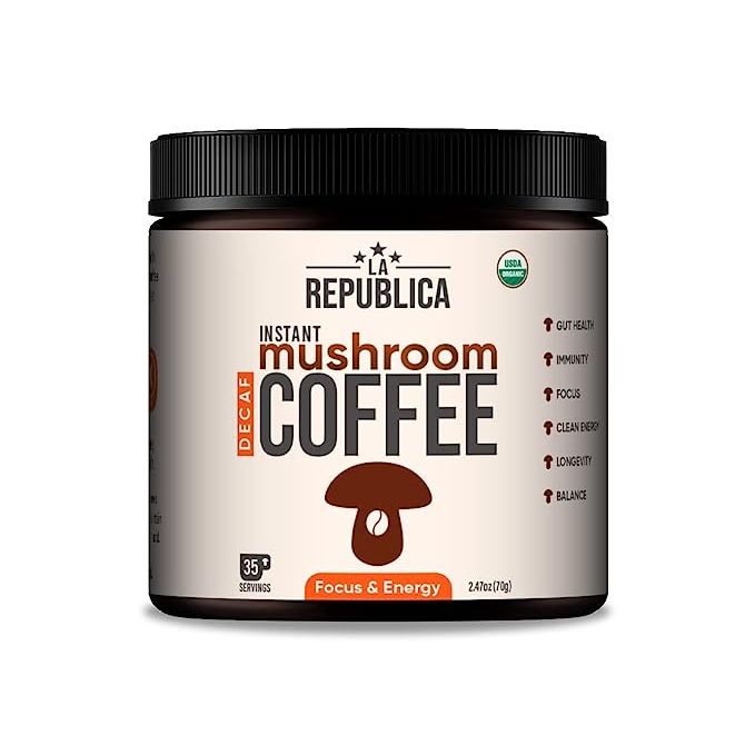 Experience the unique blend of La Republica Organic Decaf Mushroom Coffee with 7 Superfood Mushrooms. Made from high-quality organic beans, this carefully roasted decaf coffee offers a rich and full-bodied flavor that coffee connoisseurs will appreciate.