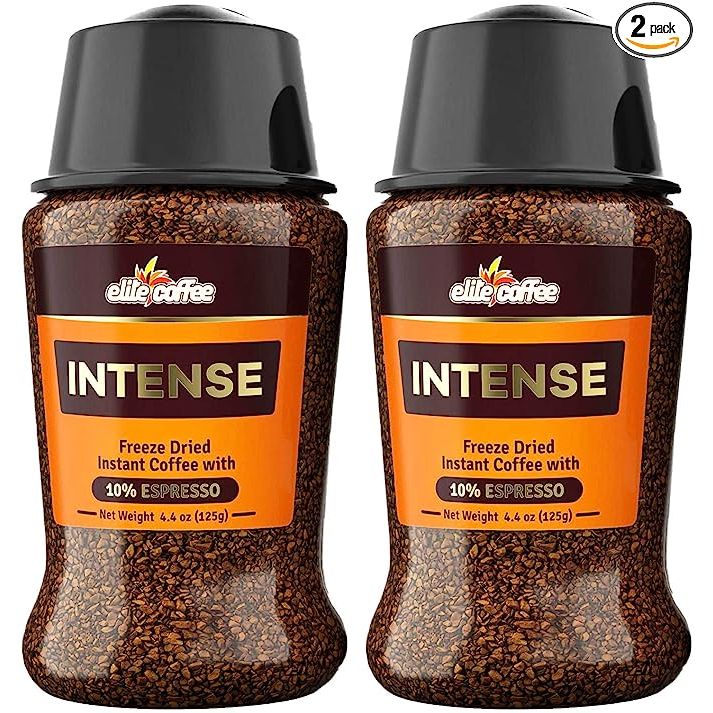 Experience the bold and intense flavor of Elite Intense Coffee, the ultimate instant espresso. This 4.4oz pack, delicately freeze-dried to preserve its freshness, contains a tantalizing blend of 10% espresso, ensuring a truly exceptional taste.