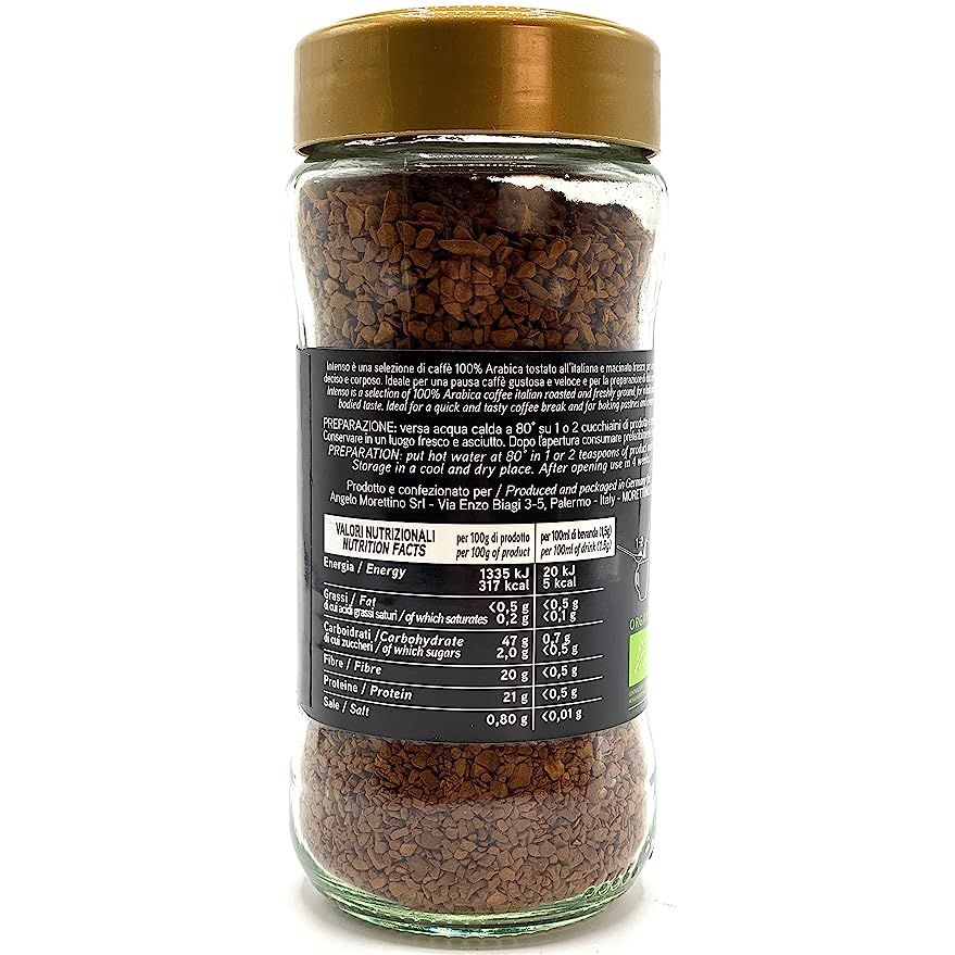 Morettino Intenso Organic Instant Coffee is a premium coffee made exclusively from 100% Arabica beans. These beans are carefully selected from top coffee-growing regions worldwide and masterfully roasted in Italy to create a truly indulgent and full-bodied flavor profile.