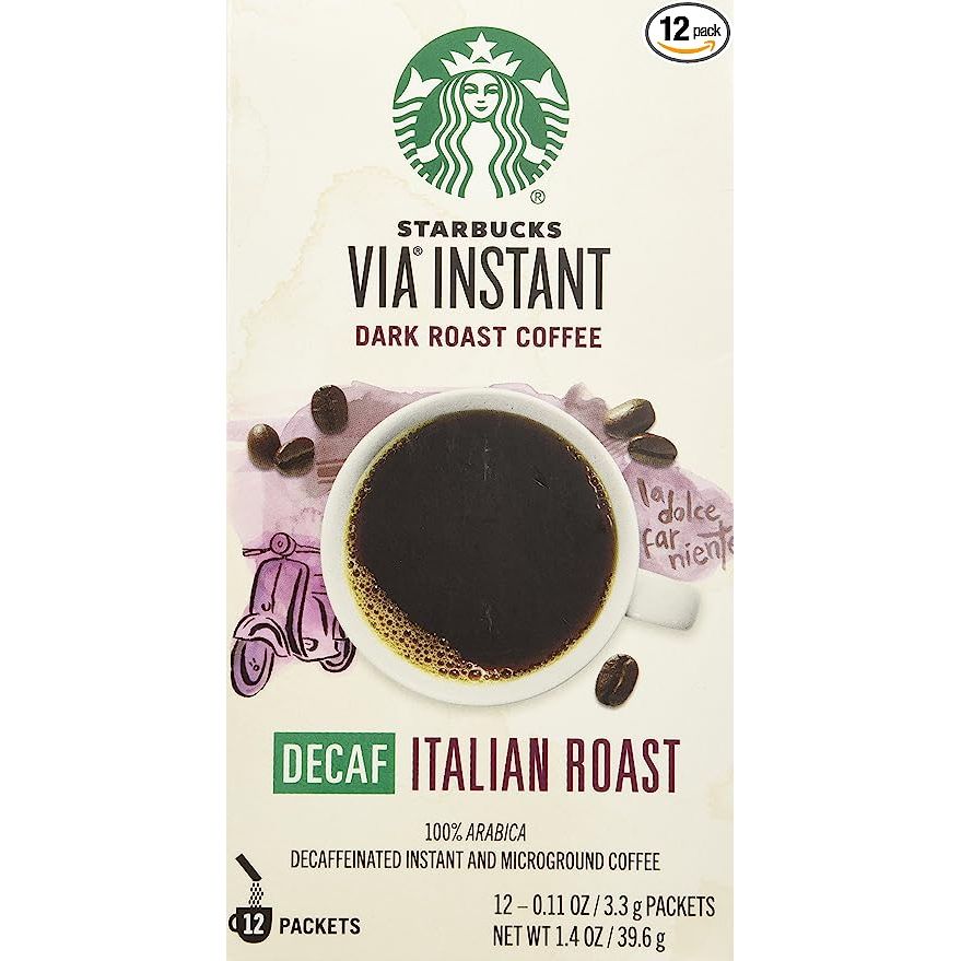 Starbucks VIA Decaf Italian Coffee 12 packets, 0.11 ounce, is the ultimate solution for coffee enthusiasts who prefer decaf. These conveniently-sized packets are perfect for travel, camping, or quick on-the-go coffee breaks. Enjoy the delicious and rich flavor of decaf Italian coffee without the caffeine jitters.