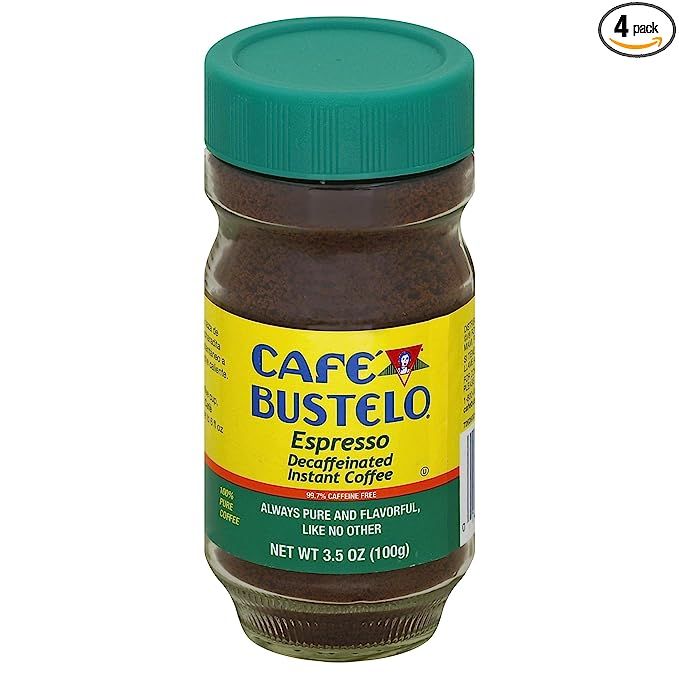 Café Bustelo Decaffeinated Instant Espresso is a sought-after coffee that delivers a delightful taste and an enticing aroma. Crafted from carefully selected premium beans, this instant espresso goes through a meticulous process of brewing and drying to ensure a flawless powder texture. 

One key advantage of Café Bustelo Decaffeinated Instant Espresso is its impressive 97% caffeine-free composition, making it a top pick for coffee enthusiasts who prefer a caffeine-light experience. Packaged in a set of four 3.52-ounce jars, this product is incredibly convenient for both household and office use. 

Enjoying a cup of Café Bustelo Decaffeinated Instant Espresso is a breeze. Simply combine one tablespoon of the powder with 6 ounces of hot water, stir, and relish the perfect coffee at any time of day. Additionally, this versatile product can be served hot or cold, opening up endless possibilities to create lattes, cappuccinos, or other delightful coffee beverages. 

With an esteemed heritage of more than 90 years, Café Bustelo is a well-respected company renowned for their commitment to delivering fresh and flavorful coffee that is effortlessly enjoyable. 

In summary, Café Bustelo Decaffeinated Instant Espresso is an exceptional choice for coffee aficionados yearning for a robust and flavorful brew minus the caffeine. Its user-friendly packaging and simple preparation make it an ideal companion for those on-the-go or for those relaxing at home.