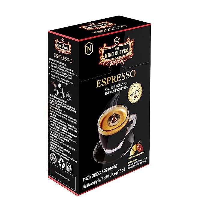 King Coffee Espresso Instant Coffee is a beloved brand hailing from Vietnam, renowned for its delectable taste and velvety texture. Crafted from a premium blend of Arabica beans sourced from the picturesque Central Highlands of Vietnam, this coffee boasts a medium dark roast that culminates in a complex flavor profile and a deeply satisfying aroma.