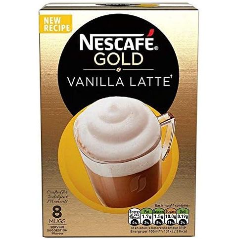 Experience the decadent flavors of Nescafe Gold Vanilla Latte. Crafted with precision and expertise, this instant coffee drink seamlessly blends the boldness of coffee with the velvety notes of vanilla. Each sachet contains a harmonious combination of premium coffee, creamer, and vanilla flavoring, ensuring a luxurious latte experience wherever you are.

Preparing your indulgent latte has never been easier. Just pour the contents of one sachet into a mug, add hot water, and stir until fully dissolved. For an added touch of luxury, you can enhance your latte with a sprinkle of cocoa powder, a dash of cinnamon, or a dollop of whipped cream.

Ideal for coffee enthusiasts on the move, each pack comes with eight sachets, making it perfect for sharing or enjoying multiple cups yourself. Every sachet is generously filled with 18.5g of coffee powder, ensuring a rich and satisfying serving every time.

Made from carefully selected and roasted coffee beans, Nescafe Gold Vanilla Latte delivers a full-bodied flavor that coffee lovers crave. The infusion of vanilla flavoring creates a creamy and smooth finish, making this latte an excellent choice for those who prefer a sweeter coffee experience.

With Nescafe Gold Vanilla Latte, you can enjoy a decadent coffee drink without the need for specialized equipment or barista skills. Perfect for busy individuals seeking a quick and delectable coffee fix, this convenient sachet format guarantees uncompromising quality and an unrivaled taste.

Indulge in the luxurious and convenient Nescafe Gold Vanilla Latte 8 Sachets 148g. With its perfect harmony of flavors, effortless preparation, and exceptional taste, this coffee drink will satisfy even the most discerning coffee cravings.