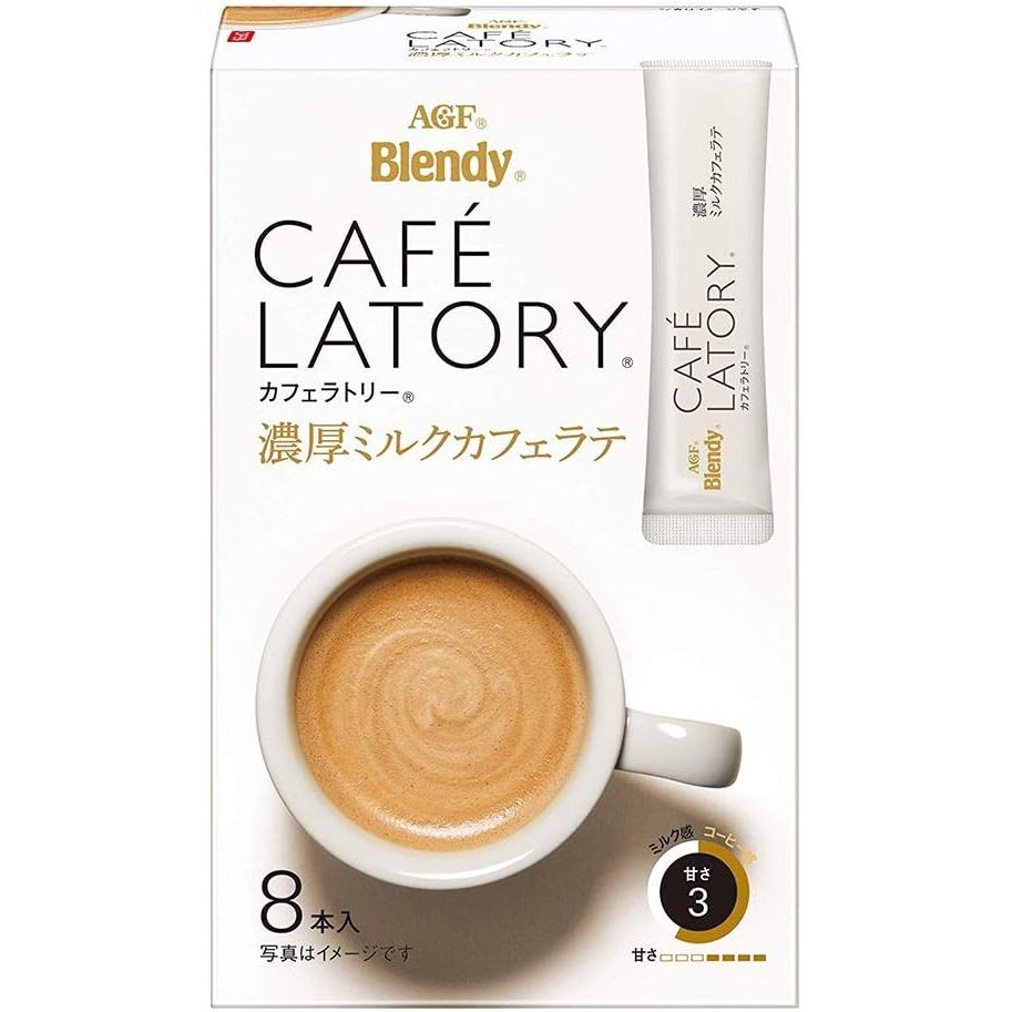 Experience the rich and creamy taste of Cafe Latory Rich Milk Cafe Latte 8 Sticks (2.8oz) x 3pcs Japanese Instant Cafe Latte AGF Ninjapo. Made by AGF, a trusted Japanese food and beverage company with over 60 years of expertise, this popular coffee product is a quick and convenient way to enjoy a delicious cafe latte.

Each package contains 8 sticks, each weighing 2.8 ounces, providing the perfect amount for a satisfying cup of coffee. With this instant coffee, all you need to do is add hot water and stir to create a smooth and velvety cafe latte. It's the perfect solution for busy individuals who crave the taste of a traditional cafe latte but don't have the time to make it from scratch.

The Cafe Latory Rich Milk Cafe Latte captures the authentic flavor of this Italian classic, combining espresso and steamed milk for a truly indulgent experience. The addition of rich and flavorful milk adds a layer of creaminess that will please even the most discerning coffee lover. Plus, the convenient packaging makes it easy to take this delicious coffee on the go, whether you're traveling or simply need a quick pick-me-up during your busy day.

Don't miss out on this premium quality instant coffee product. Treat yourself to the smooth and velvety taste of Cafe Latory Rich Milk Cafe Latte and elevate your coffee experience.