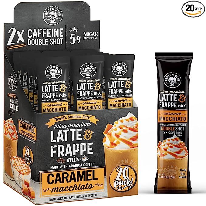 Frozen Bean Frappe Latte Mix offers a delightful fusion of coffee and sweet caramel flavors, delivering a scrumptious cup of low sugar instant flavored coffee. This fantastic product comes in a box containing 20 single-serve packets, making it incredibly convenient for use in various settings such as home, office, or while on the move.