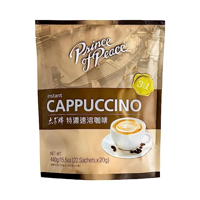 Experience the delightful taste of Prince of Peace 3 in 1 Instant Cappuccino, a coffee mix that comes in a convenient pack of 22 sachets. Whether you're at home or on the go, you can easily indulge in a smooth and flavorful cappuccino by simply adding water.