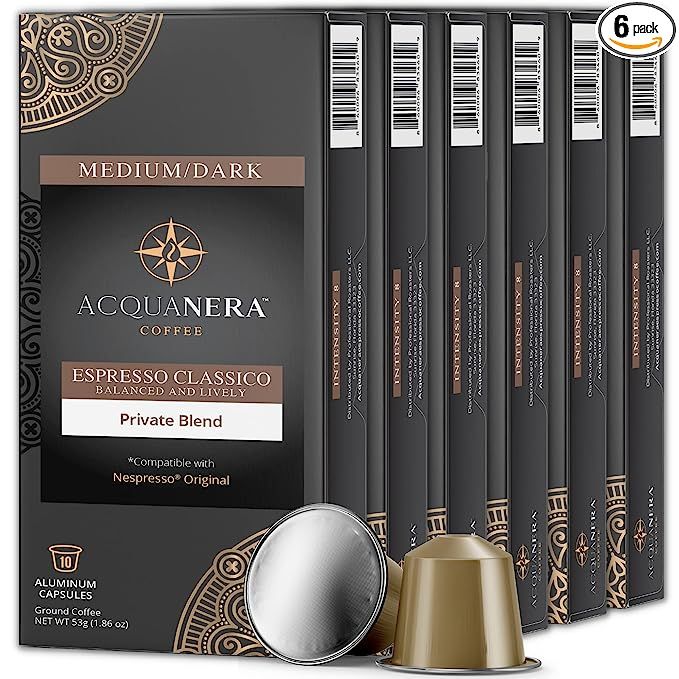 Acquanera Coffee presents a remarkable offering for Nespresso Original machine users with their medium roast espresso. This delightful package contains 60 pods, each capable of brewing a rich and satisfying 1.35 ounces of coffee. The espresso itself boasts an intense flavor profile, reaching a bold level 8 on the intensity scale.