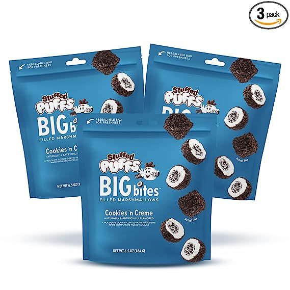 Introducing a delightful treat for marshmallow lovers: the Stuffed Puffs Big Bites - Cookies n Crème Coated Marshmallows 3 Pack. Each pack includes three bags, each weighing 6.5 ounces, of chocolate cookie coated marshmallows filled with creamy, cookie-infused delight.