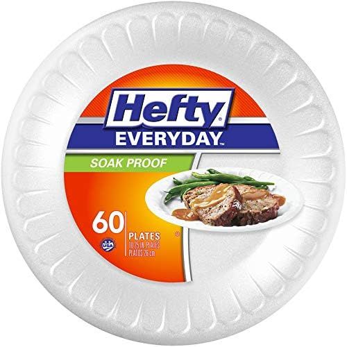 Hefty Everyday Foam Plates, 10 1/4 Inch Round, 60 Count are versatile and practical disposable plates that offer convenience for various occasions. These plates are crafted from sturdy foam material, providing durability and strength to hold different types of food items.
With a generous size of 10 1/4 inches in diameter, these plates offer ample s