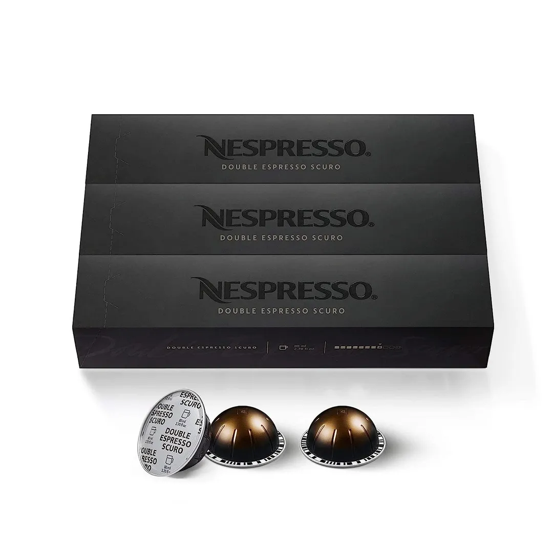 Introducing the Nespresso Double Espresso Scuro, a captivating blend carefully crafted for coffee aficionados seeking an exquisite dark brew. Immerse your senses in the depths of its rich and smoky flavor, derived from a harmonious combination of Central American coffee beans.