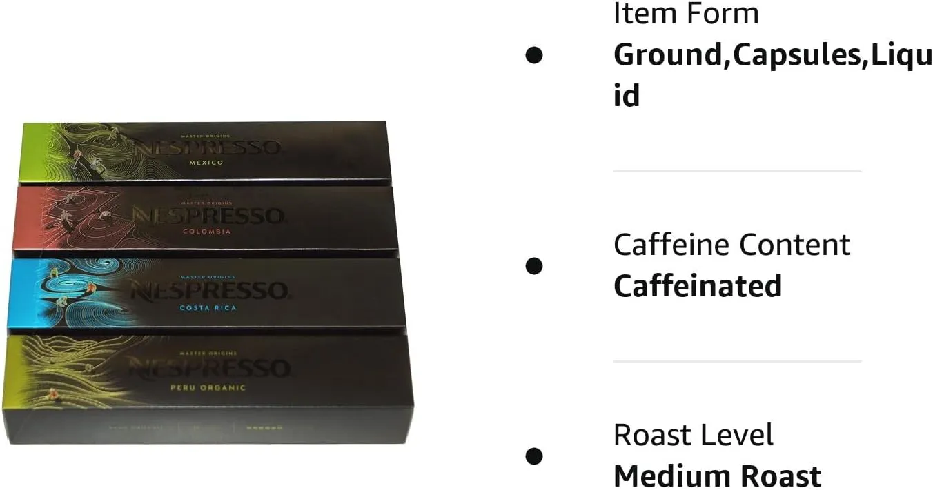 Experience the exhilarating taste of Mexico, Colombia, Costa Rica, and Peru as you indulge in our European edition of the Master Origins coffee capsules. Each elegantly packaged box holds 10 capsules filled to the brim with the most exquisite, certified organic, and expertly roasted and ground coffee. The Mexico capsules promise an invigorating flavor with an intensity level of 7, delivering the perfect cup for those seeking a robust coffee experience. If you prefer a slightly milder option, our Colombia capsules boast an intensity level of 5, ensuring a delightful and balanced taste. For those with a preference for a rich and aromatic blend, our Costa Rica capsules, rated at an intensity level of 7, will pleasantly tantalize your taste buds. If sustainability is your priority, our Peru Organic capsules, intensity level 6, offer an organic and environmentally-friendly choice. Imported straight from the EU, these capsules are crafted and made in Switzerland, guaranteeing the highest standards of quality that are not affiliated with Nespresso USA. Please note, these capsules are specifically designed for VertuoLine machines and are incompatible with OriginalLine machines. Treat yourself to the unrivaled pleasure of our Master Origins coffee capsules, and take your coffee experience to unprecedented heights. Safety warning: Imported from the EU. Description by ChatGPT.