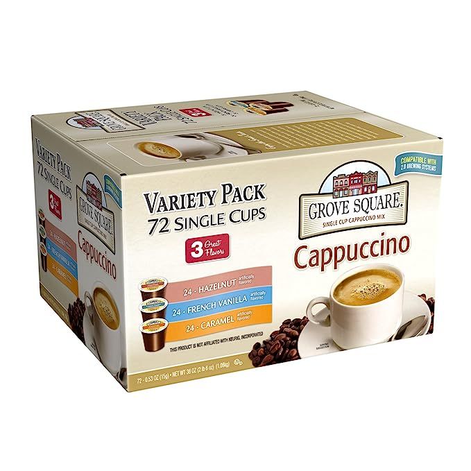 Indulge in the delightful flavors of Grove Square Cappuccino Pods with their convenient and delicious Variety Pack of Single Serve Pods. This pack includes 72 individual serving pods, providing ample supply for your cappuccino cravings.