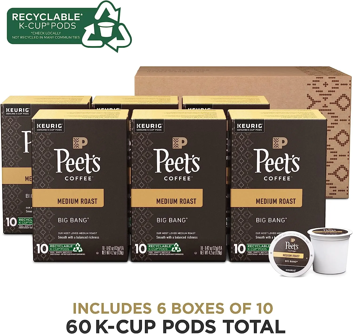 Peet's Coffee's Medium Roast K-Cup Pods harmonize perfectly with Keurig brewers, which remain widely sought-after for their convenience and efficiency in preparing single cups of java. With the Big Bang blend, coffee enthusiasts can relish in a gratifying and well-rounded experience, characterized by invigorating citrus notes and a silky-smooth finish.
