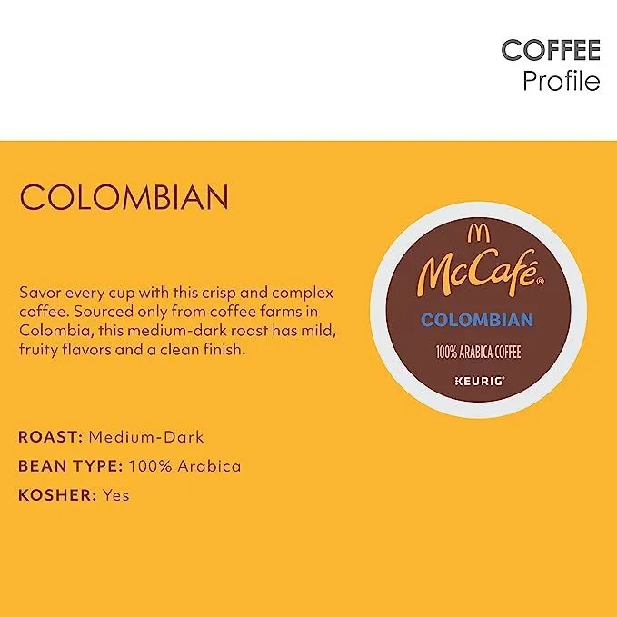 Introducing McCafé Medium-Dark Roast K-Cup Pods – a tantalizing blend of taste, quality, and sustainability. Sourced exclusively from Columbia's finest coffee farms, this coffee boasts a crisp and complex flavor that will captivate your palate. Experience mild fruity notes and a clean finish with every delightful cup.