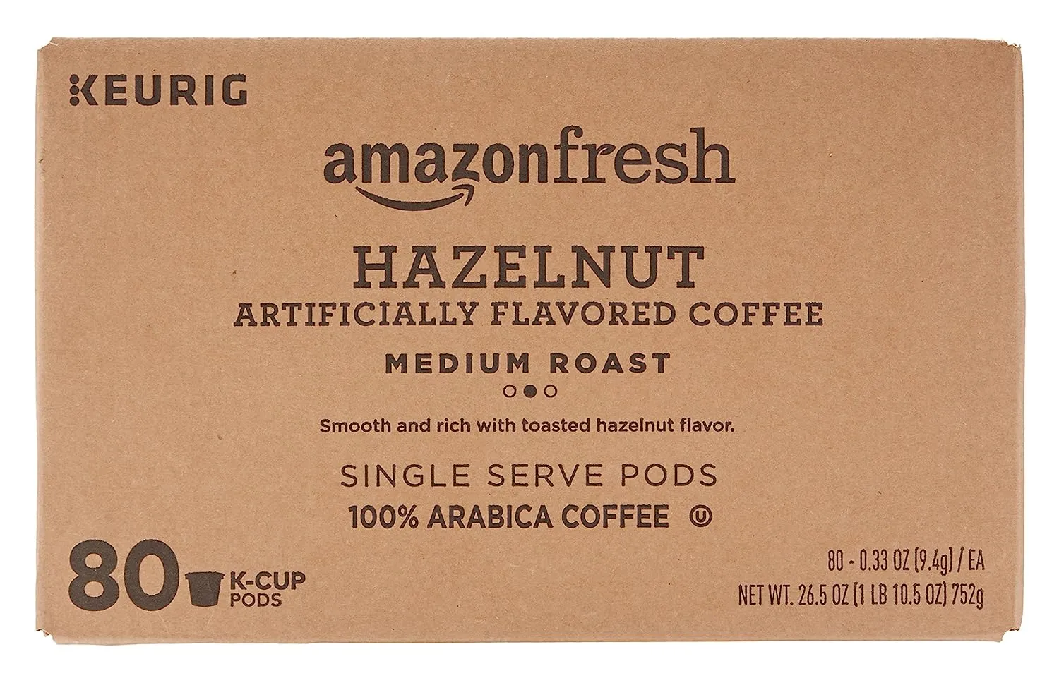 Introducing AmazonFresh Hazelnut Coffee Pods, the ultimate way to kick-start your day with a delightful and aromatic cup of coffee. Crafted from carefully selected 100% Arabica coffee beans, these medium roast pods are artfully infused with a divine hazelnut flavor that will leave you yearning for more. Every box contains 80 single-serving pods, allowing you to effortlessly brew your favorite coffee using any Keurig machine, ensuring a hassle-free and enjoyable experience.