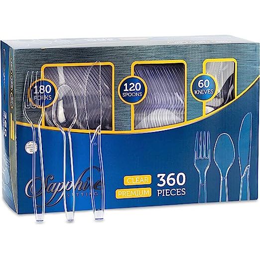 Disposable cutlery sets have become an essential item for various events and gatherings, providing convenience and reducing the hassle of washing up after a party. One popular option is the Party Bargains Disposable Cutlery set in the SAPPHIRE design, featuring a clear color and a total of 360 pieces.
The set includes 180 forks, 120 spoons, and 60 