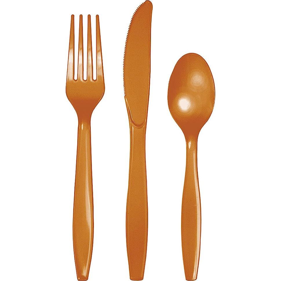 The 288-Count Assorted Premium Plastic Cutlery in Pumpkin Spice is perfect for all your dining needs. Each pack includes 8 forks, 8 spoons, and 8 knives, for a total of 96 forks, 96 spoons, and 96 kni