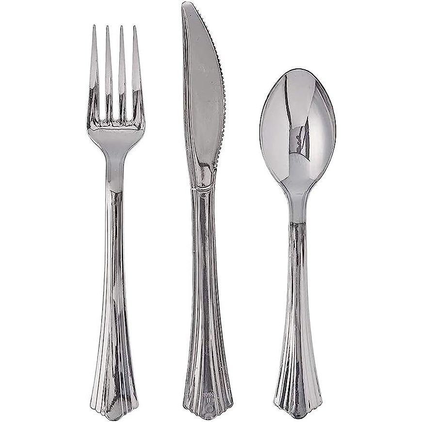 Introducing the 160 Piece Silver Plastic Cutlery Combo, a versatile and practical solution to all your dining needs. This combo includes 80 forks, 40 knives, and 40 spoons, providing ample utensils for any occasion. Made in the US, this cutlery set offers the perfect combination of convenience and durability.