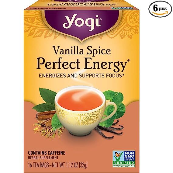 Yogi Vanilla Spice Perfect Energy tea is a delicious and invigorating blend of bold Green Tea and Assam Black Tea, infused with warming chai spices and Organic Vanilla Flavor. This spicy-sweet blend is perfect for tea lovers seeking a rejuvenating and flavorful experience. 
What sets this tea apart is not only its incredible taste, but also the num