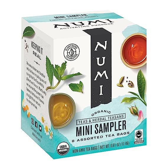 1 Numi Organic Tea Mini Sampler Variety Pack, Assorted Black Tea, Green Tea, White Tea, Herbal Tea Bags, 8 Count Box