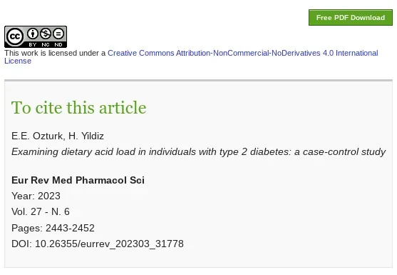 Abstract
Diabetes is a chronic disease that can cause various complications and has a high prevalence. Evidence increasingly shows that acid-base homeostasis is critical to maintaining normal metabolic function. This case-control study aims to evaluate the relationship between dietary acid load and the risk of type 2 diabetes.