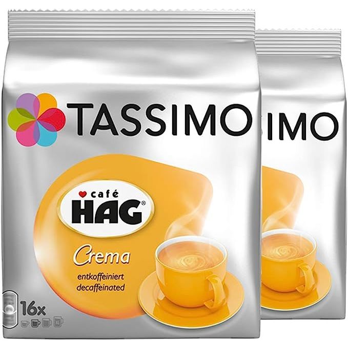 Experience the indulgent taste of Tassimo CafÃ HAG Crema Entkoffeiniert with this convenient 2-pack of 16 T-Discs. This decaffeinated coffee is perfect for those seeking a delicious cup of coffee without the effects of caffeine.