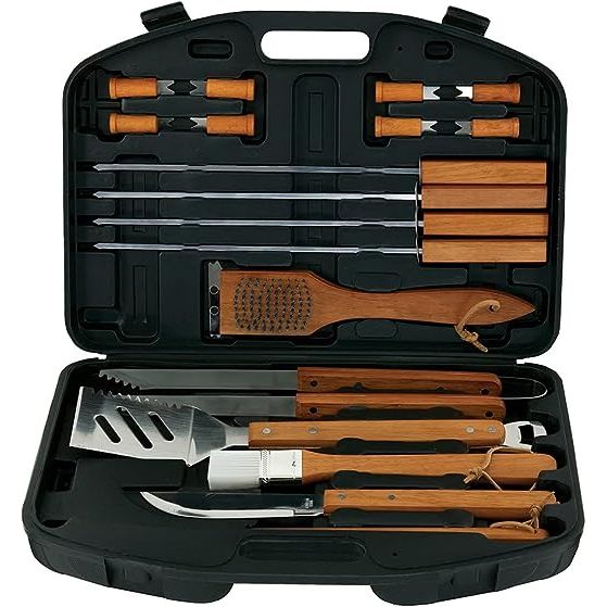 The Mr. Bar-B-Q deluxe BBQ tool set is an absolute essential for die-hard grilling enthusiasts. With a whopping 18 different pieces, this comprehensive set equips you with everything you need to elevate your barbecue experience to new heights. From versatile tongs and spatulas to handy skewers and corn holders, this set has got you covered.