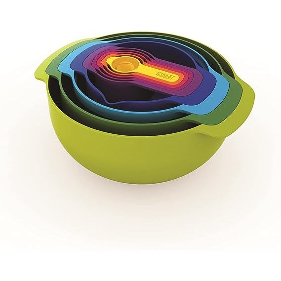 Cleaning is a breeze, as all the pieces are dishwasher safe, saving you time and effort. With its durability, functionality, and vibrant design, the Joseph Joseph Nest 9 Nesting Bowls Set is a must-have for cooking enthusiasts of all levels.